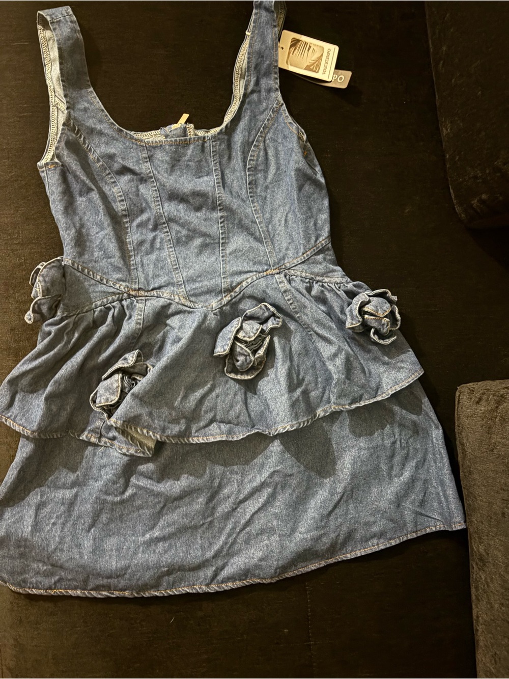 Women's Denim Mini Dress, Sleeveless Flared Sundress Floral Peplum Detail - Picture 2 of 6
